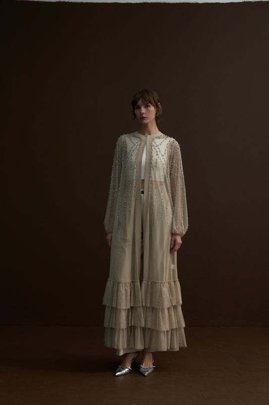 Taş Yapıştırma ve Çakım Detaylı Tül Abaya - bej