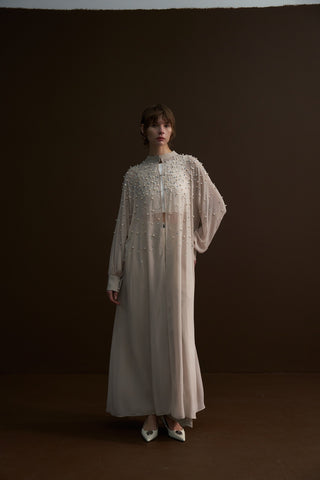 Taş ve İçi Çakımlı, Papatya Detaylı Şifon Abaya - bej