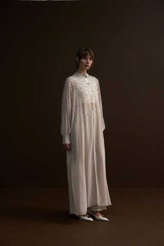 Taş ve İçi Çakımlı, Papatya Detaylı Şifon Abaya - bej