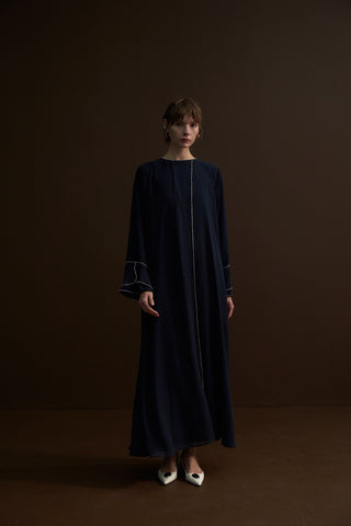 Omuzdan Aşağı Taşlı Şifonlu Elbise - lacivert