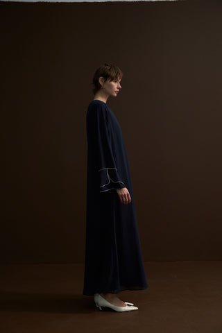 Omuzdan Aşağı Taşlı Şifonlu Elbise - lacivert