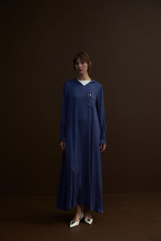 Kolları Gipeli Cep Detaylı Kapüşonlu Jakar Elbise - mavi