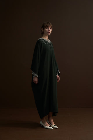 Taş Detaylı Yarasa Kol Elbise - zümrüt