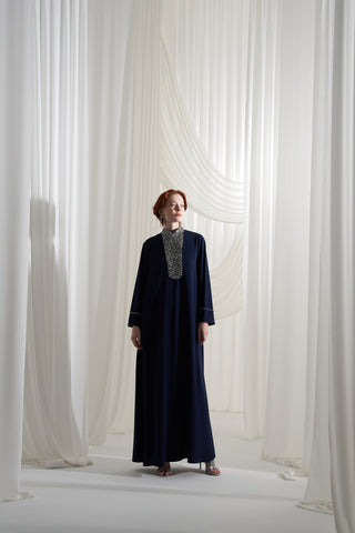 Elişi Detaylı Krep Elbise - lacivert