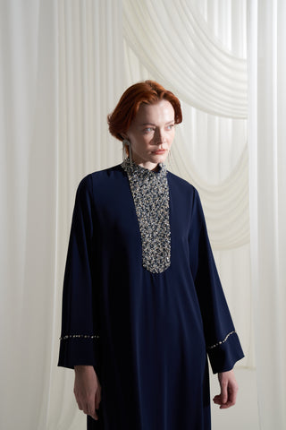 Elişi Detaylı Krep Elbise - lacivert