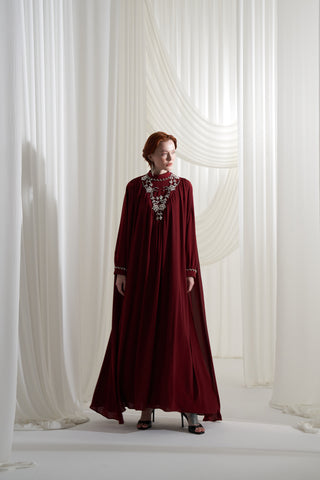 Şifon ve Elişi Detaylı Elbise - bordo