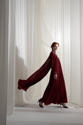 Şifon ve Elişi Detaylı Elbise - bordo