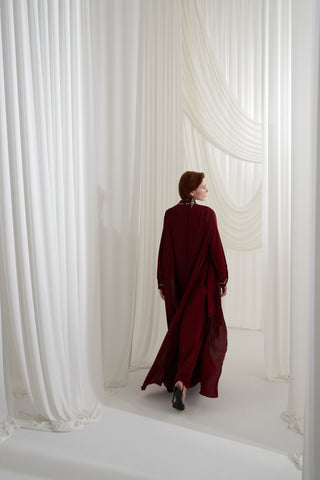 Şifon ve Elişi Detaylı Elbise - bordo