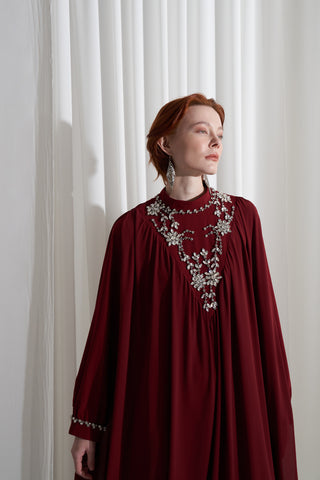 Şifon ve Elişi Detaylı Elbise - bordo