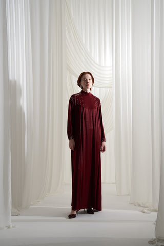 Jakar Elişi Detaylı Rahat Kalıp Elbise - bordo