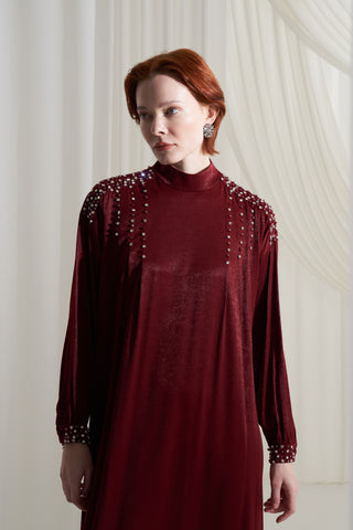 Jakar Elişi Detaylı Rahat Kalıp Elbise - bordo