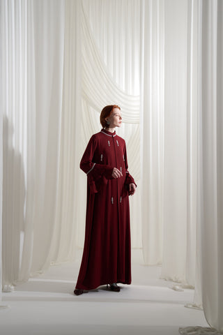 Yakası ve Kolları Dolama Taş İşleme Detaylı Abaya - bordo