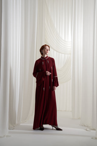 Yakası ve Kolları Dolama Taş İşleme Detaylı Abaya - bordo