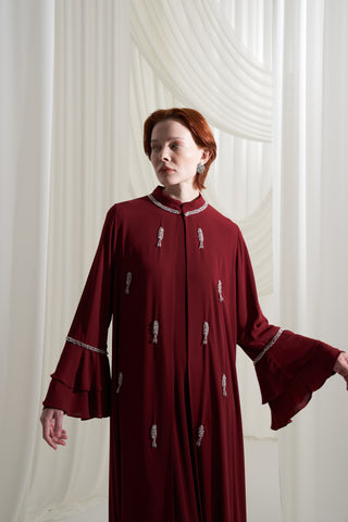 Yakası ve Kolları Dolama Taş İşleme Detaylı Abaya - bordo