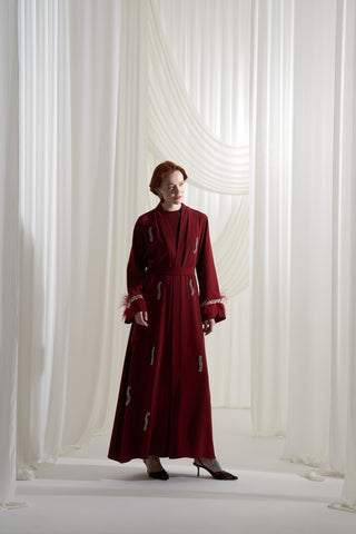 Tüy ve Elişi Detaylı Abaya - bordo