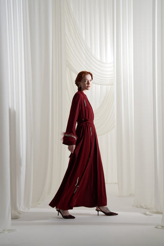 Tüy ve Elişi Detaylı Abaya - bordo