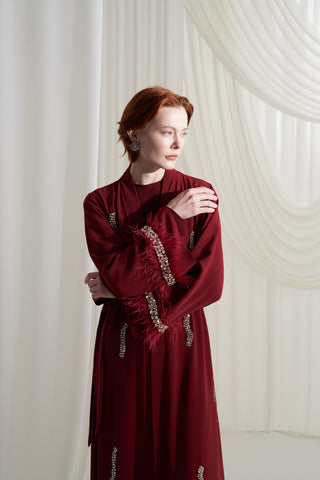 Tüy ve Elişi Detaylı Abaya - bordo