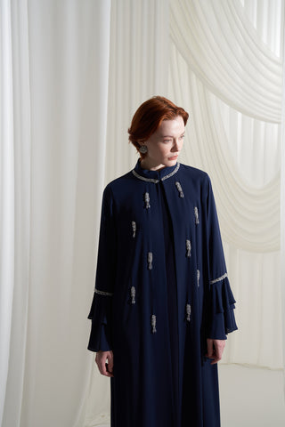 Yakası ve Kolları Dolama Taş İşleme Detaylı Abaya - lacivert