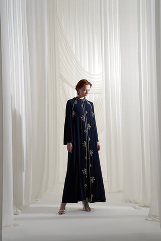 Şerit Taşlı ve Yaprak İşleme Detaylı Abaya - lacivert
