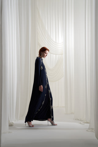 Şerit Taşlı ve Yaprak İşleme Detaylı Abaya - lacivert