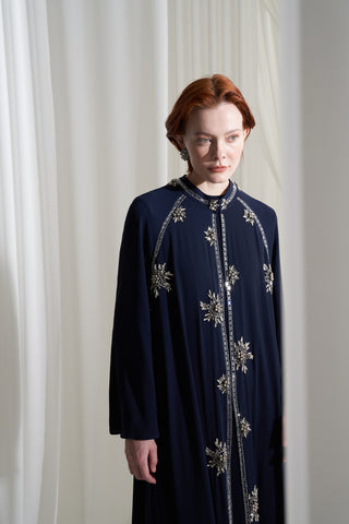 Şerit Taşlı ve Yaprak İşleme Detaylı Abaya - lacivert