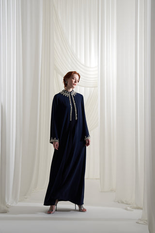 Kolları ve Yakası Elişi Detaylı Reglan Kol Abaya - lacivert