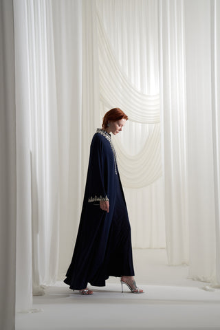 Kolları ve Yakası Elişi Detaylı Reglan Kol Abaya - lacivert
