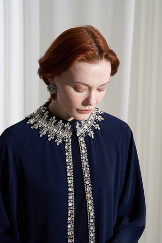 Kolları ve Yakası Elişi Detaylı Reglan Kol Abaya - lacivert
