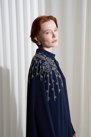 Tek Omuz Elişi Detaylı Reglan Kol Abaya - lacivert