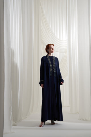 Elişi ve Tüy Detaylı Abaya - lacivert