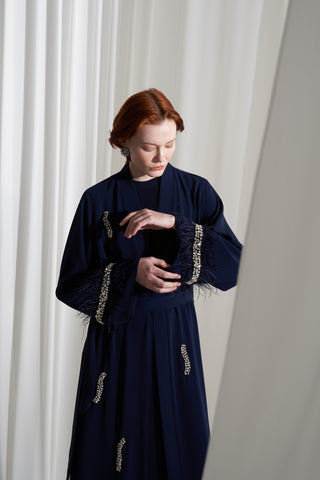 Tüy ve Elişi Detaylı Abaya - lacivert