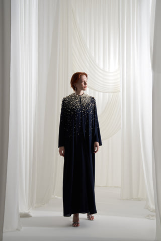 İnci ve Taş işlemeli Abaya - lacivert