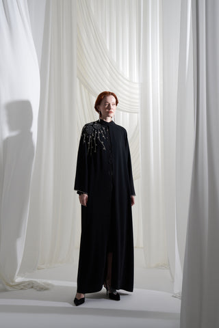 Tek Omuz Elişi Detaylı Reglan Kol Abaya - siyah