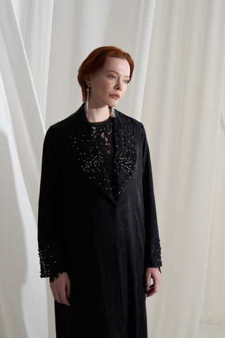 Jakar Desenli Yakası Taş İşlemeli Abaya - siyah