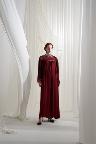 Tüy ve Şifon Detaylı Elişi Elbise - bordo