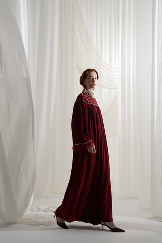 Tüy ve Şifon Detaylı Elişi Elbise - bordo