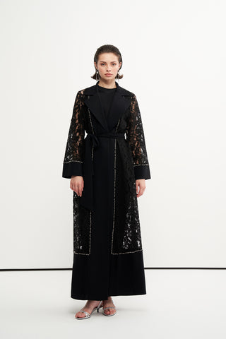 Dantelli Ceket Yaka Abaya - siyah