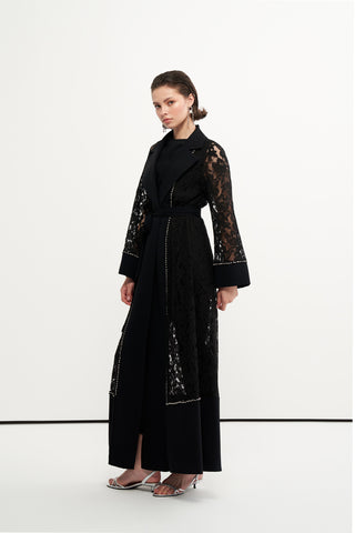 Dantelli Ceket Yaka Abaya - siyah