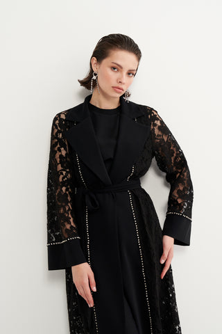 Dantelli Ceket Yaka Abaya - siyah