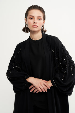 Yarasa Kol ve Boncuk İşleme Detaylı Abaya - siyah