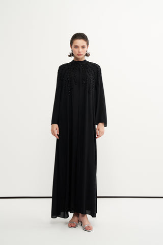 Boncuk İşlemeli ve Agraflı Abaya - siyah