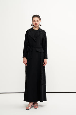 Boncuk İşlemeli Dantelli Abaya - siyah