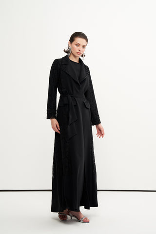 Boncuk İşlemeli Dantelli Abaya - siyah