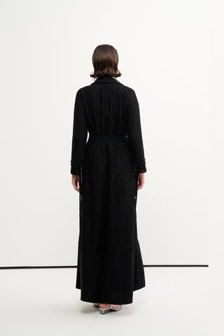 Boncuk İşlemeli Dantelli Abaya - siyah