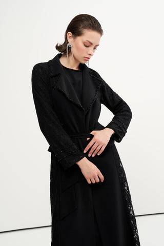 Boncuk İşlemeli Dantelli Abaya - siyah