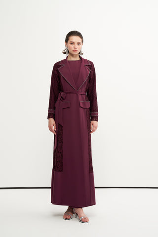 Boncuk İşlemeli Dantelli Abaya - mürdüm