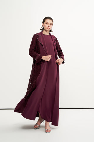Boncuk İşlemeli Dantelli Abaya - mürdüm