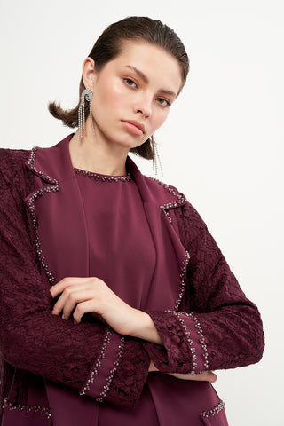 Boncuk İşlemeli Dantelli Abaya - mürdüm