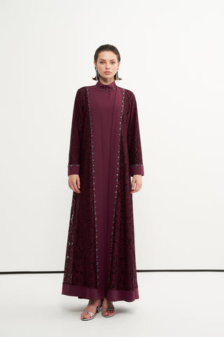 Dantelli ve Boncuk İşlemeli Abaya - mürdüm