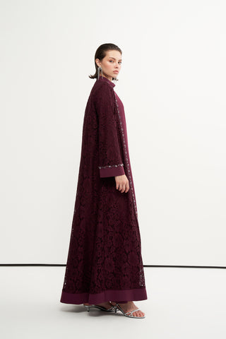Dantelli ve Boncuk İşlemeli Abaya - mürdüm